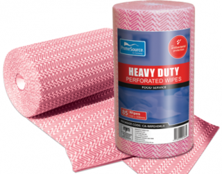 PrimeSource' Heavy Duty Roll Wipes - 85 wipes, Perforated, Red - Castaway