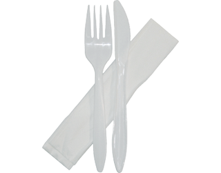 Plastic Knife, Fork & Paper Napkin, White, 145-160mm - Castaway