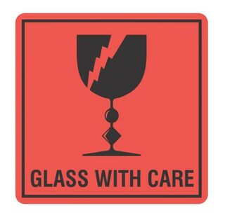 Glass with Care Handling Label - Orange/Black, 99mm x 99mm Carton 12
