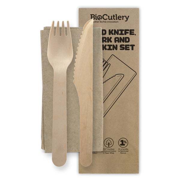 16cm Wooden Knife, Fork & Napkin Set - BioPak