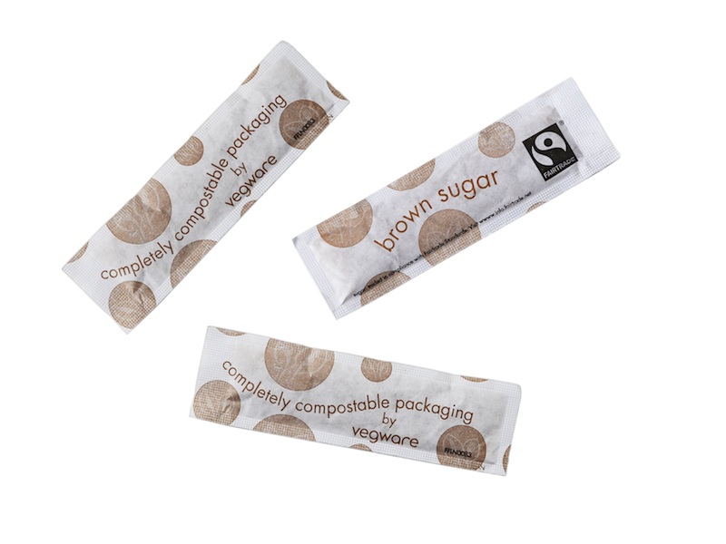 Fairtrade brown (raw) sugar sticks, compostable wrap - Vegware