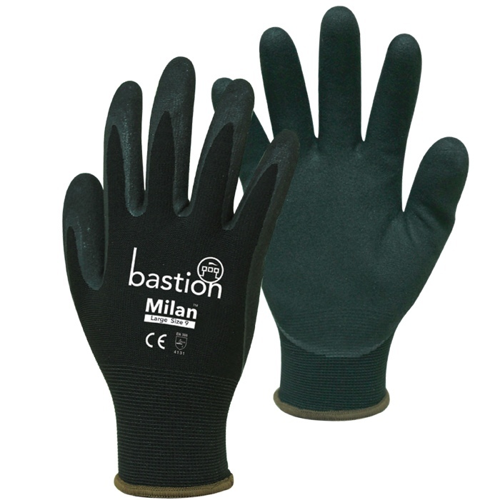 Milan Black Nylon Gloves, Black Sandy Foam Nitrile Palm Coating XX-Large - Bastion