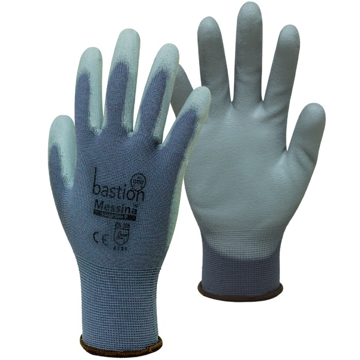 Messina Grey Nylon Gloves, Polyurethane Palm Coating Small - Bastion