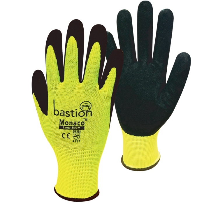 Monaco High Viz Yellow Polyester Gloves, Black Sandy Foam Nitrile Palm Coating, XX-Large - Bastion