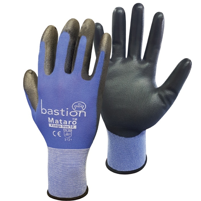 Mataro Blue Nylon Gloves, Polyurethane Palm Coating Medium Pack 12 Pairs - Bastion