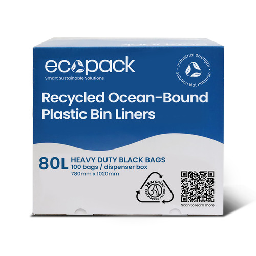 80L Ocean-Bound Recycled Plastic Bin Liners (Black) Roll (100 Bags) - Ecopack