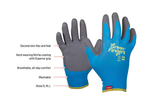 Green Fingers® BLUE Nylon Liner, GreyNitrile Foam Coated Gardening Gloves, MEDIUM - Esko