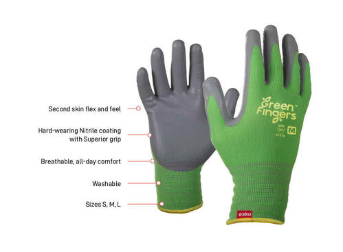 Green Fingers® GREEN Nylon Liner, Grey Nitrile Foam Coated Gardening Gloves, SMALL - Esko
