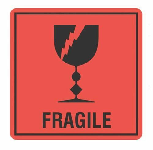 Fragile Handling Label - Orange/Black, 99mm x 99mm Carton 12