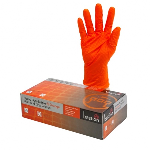 Nitrile Orange Diamond Grip Gloves, Medium - Bastion