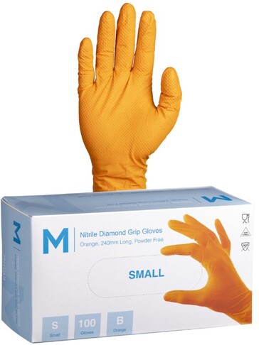 Nitrile Diamond Grip Gloves Powder Free - Orange, S, 240mm Cuff, 9.0g - Matthews