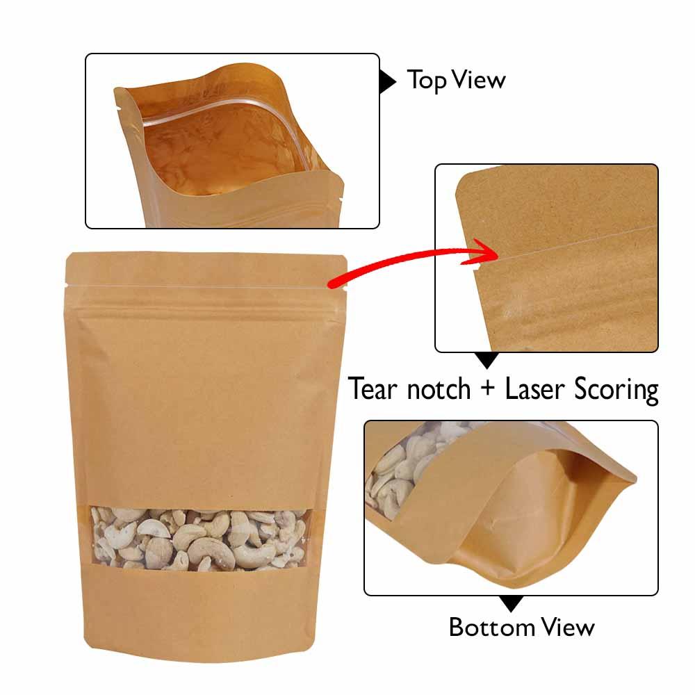 Stand Up Pouch Kraft Rectangle Window with Zip no Valve 250gm, Carton 1000 - SSP