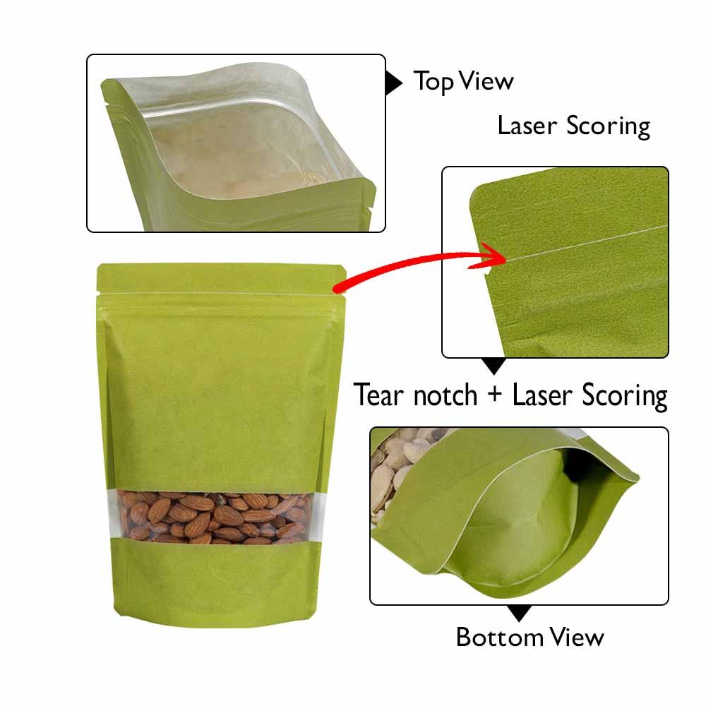 Stand Up Pouch 250gm Green Kraft with Rectangle Window with Zip no Valve, Carton 500 - SSP