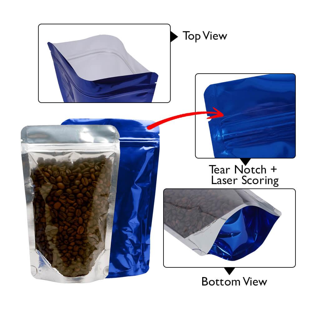 Stand Up Pouch Clear/Shiny Blue 250g w Zip no Valve 160w x 230h x (45 + 45)g