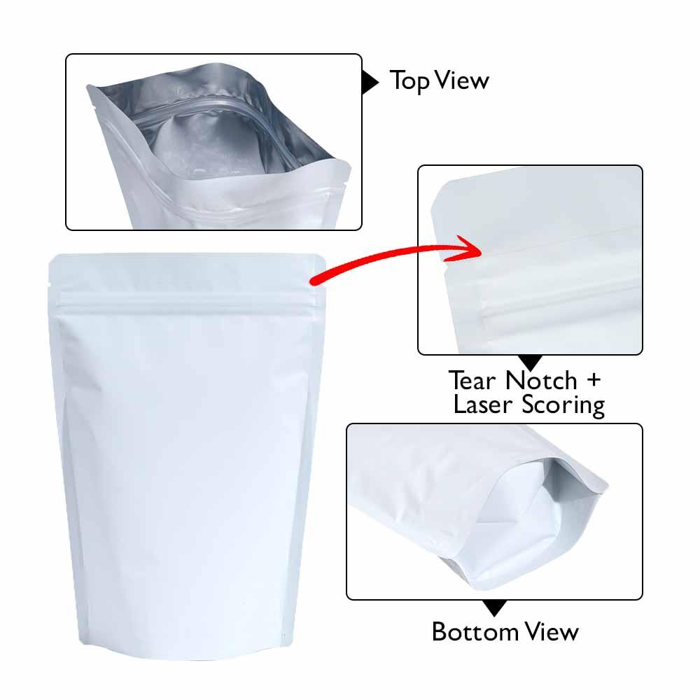 Stand Up Pouch 100gm White Matt with Zip no Valve 120w x 200h x (40 + 40)g