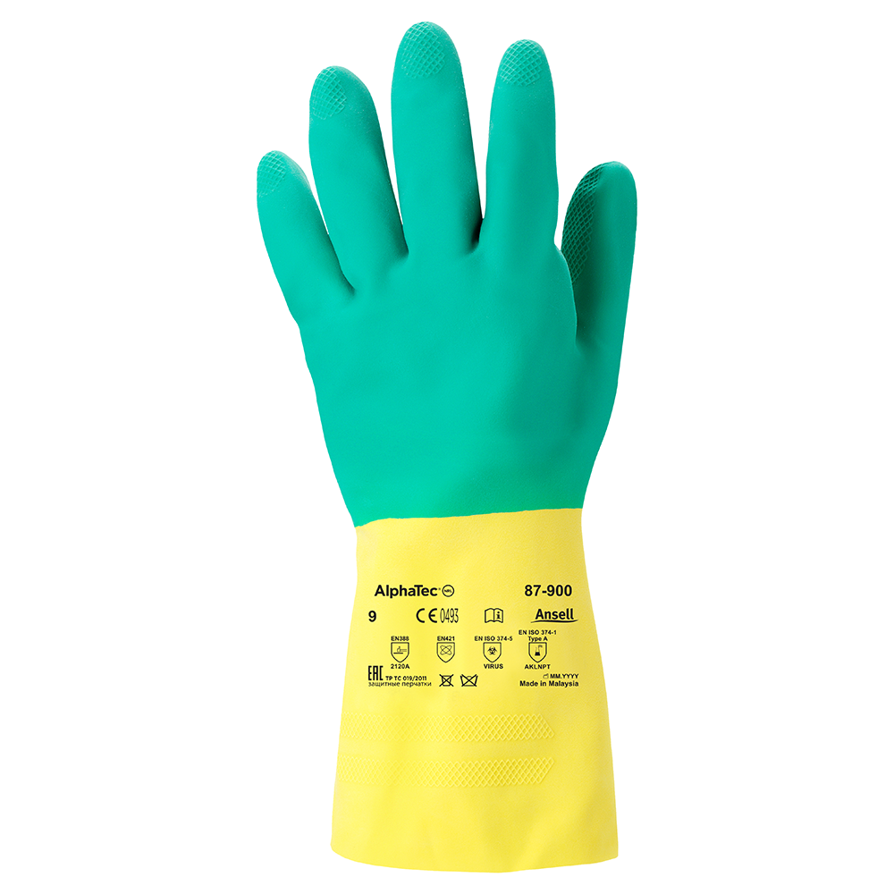 Ansell AlphaTec 87-900 Latex and Neoprene Chemical Gloves – Excellent Wet and Dry Grip - M
