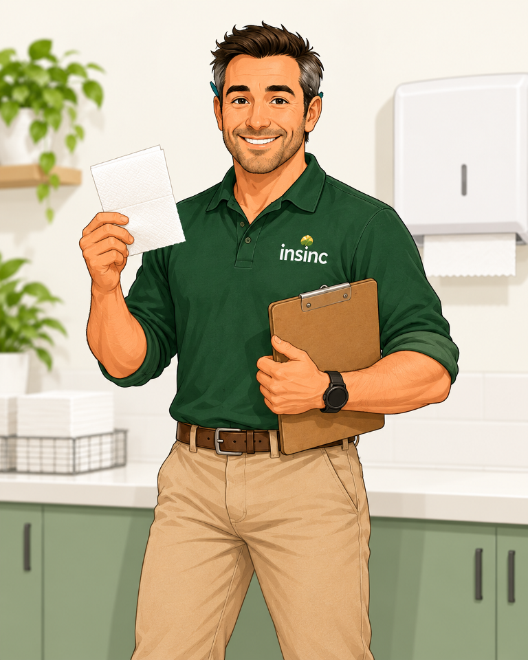 Male Alex holding a paper towel and clipboard
