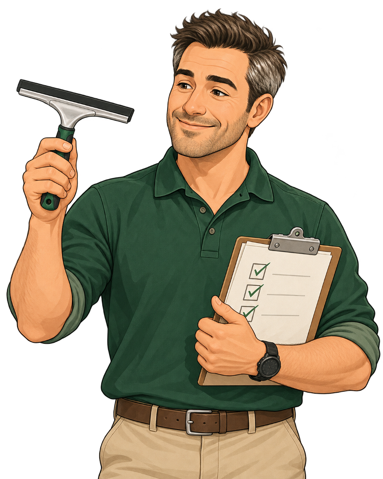 Male Alex checking a window squeegee and cleaning checklist