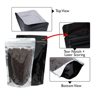 Stand Up Pouch Clear/Shiny Black 250g w Zip no Valve 160w x 230h x (45 + 45)g 